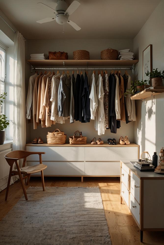 Hell erleuchteter, aufgeraeumter Kleiderschrank mit schoenen Regalen