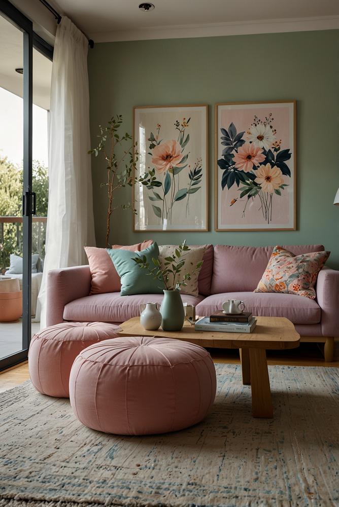 Wohnzimmer mit hellen Pastellfarbakzenten und natürlicher Wohnatmosphäre