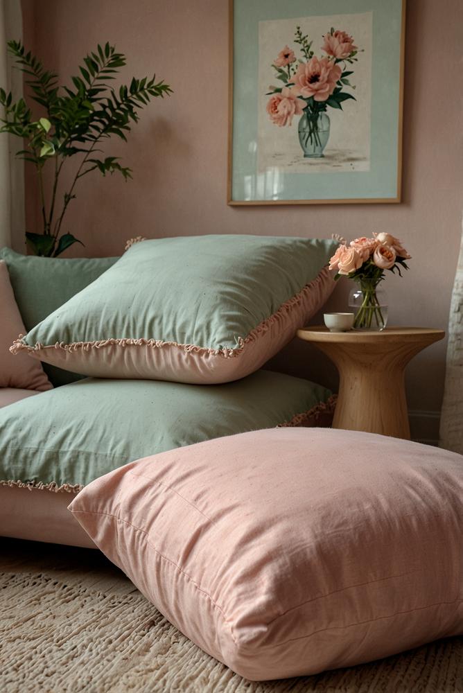 Helles Wohnzimmer mit frühlingshafter Deko und Fensterlicht