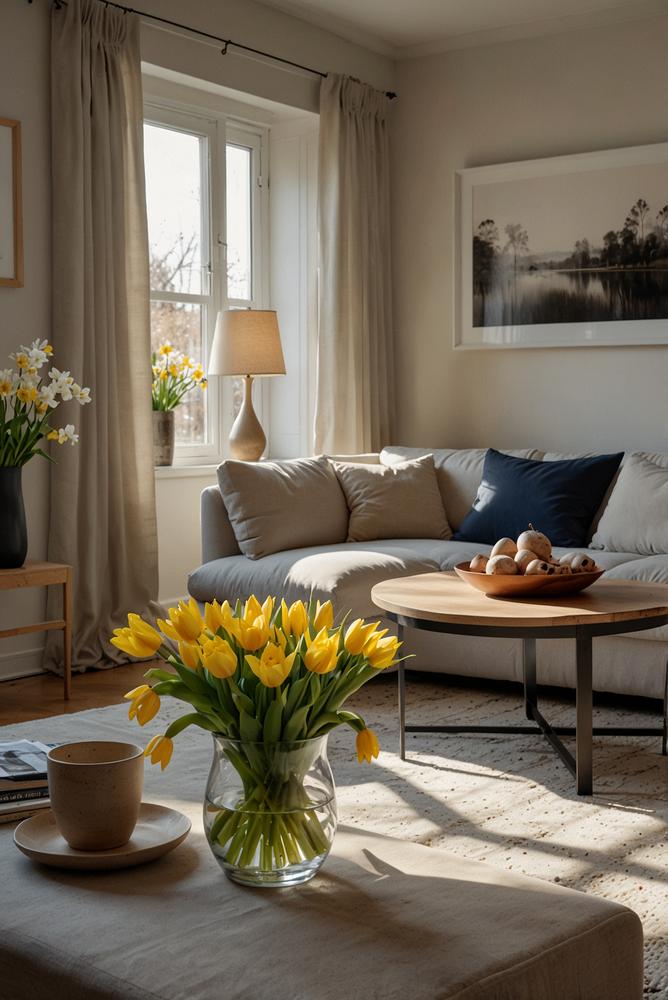 Wohnzimmer mit frischen Schnittblumen und Zweigen im Fruehling