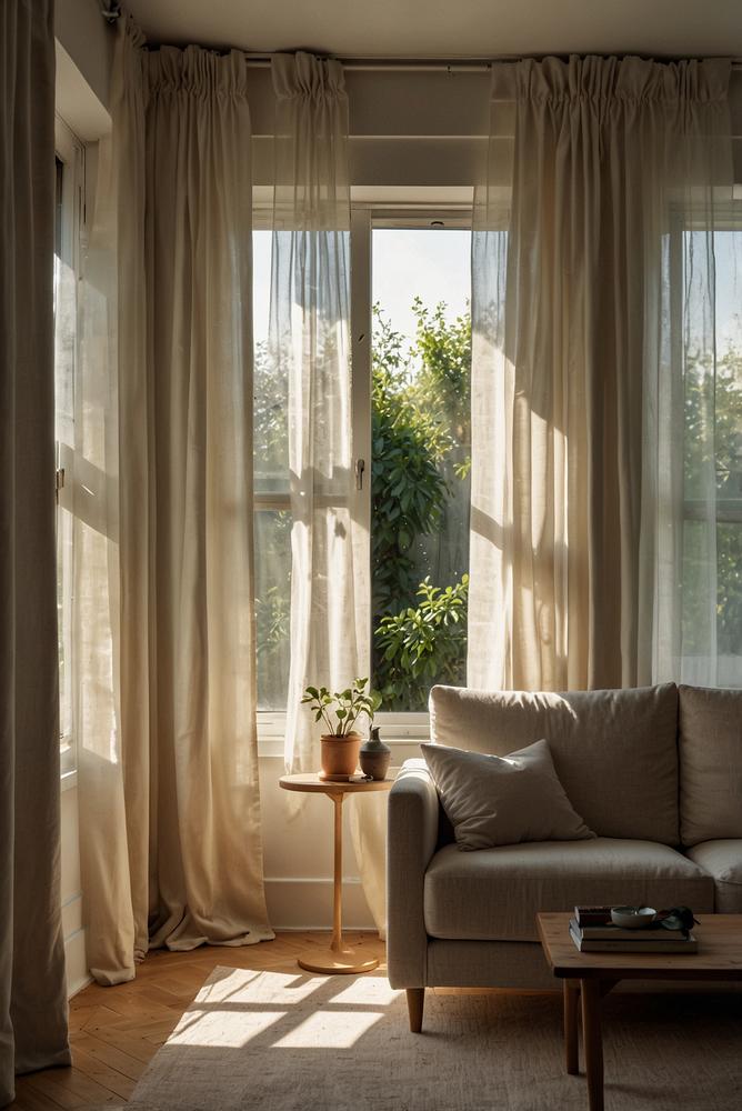 Helles Wohnzimmer mit luftigen Vorhängen und viel Tageslicht
