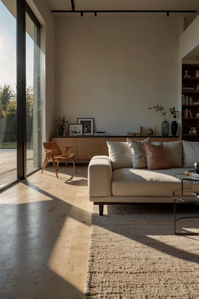 Wohnzimmer mit niedrigen Möbeln und viel Tageslicht im Frühling