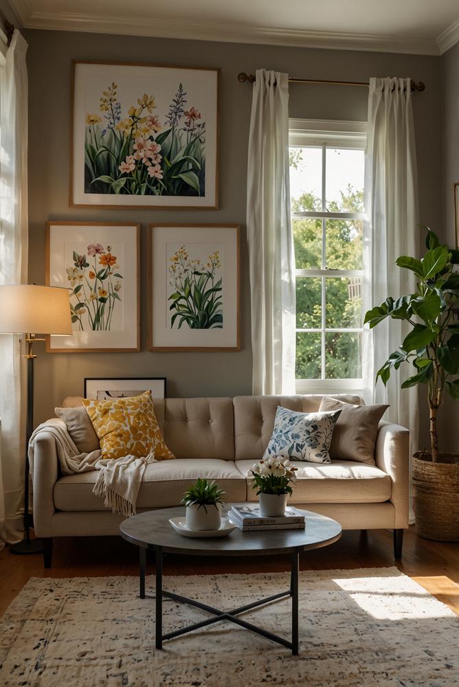 Helle Wohnzimmerwand mit Tapete und Bildergalerie im Frühling