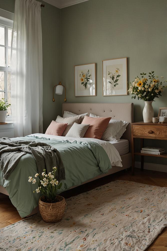 Zarte Osterkränze am Bett im Schlafzimmer, helle Fruehlingsdeko