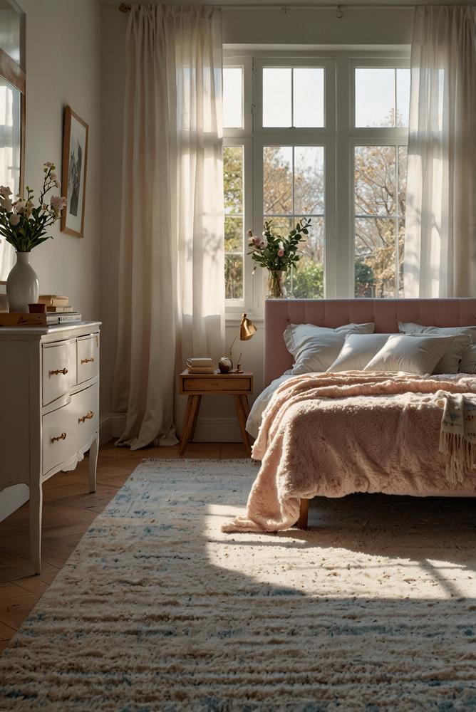 Helles Schlafzimmer mit zartem pastellfarbigem Teppich