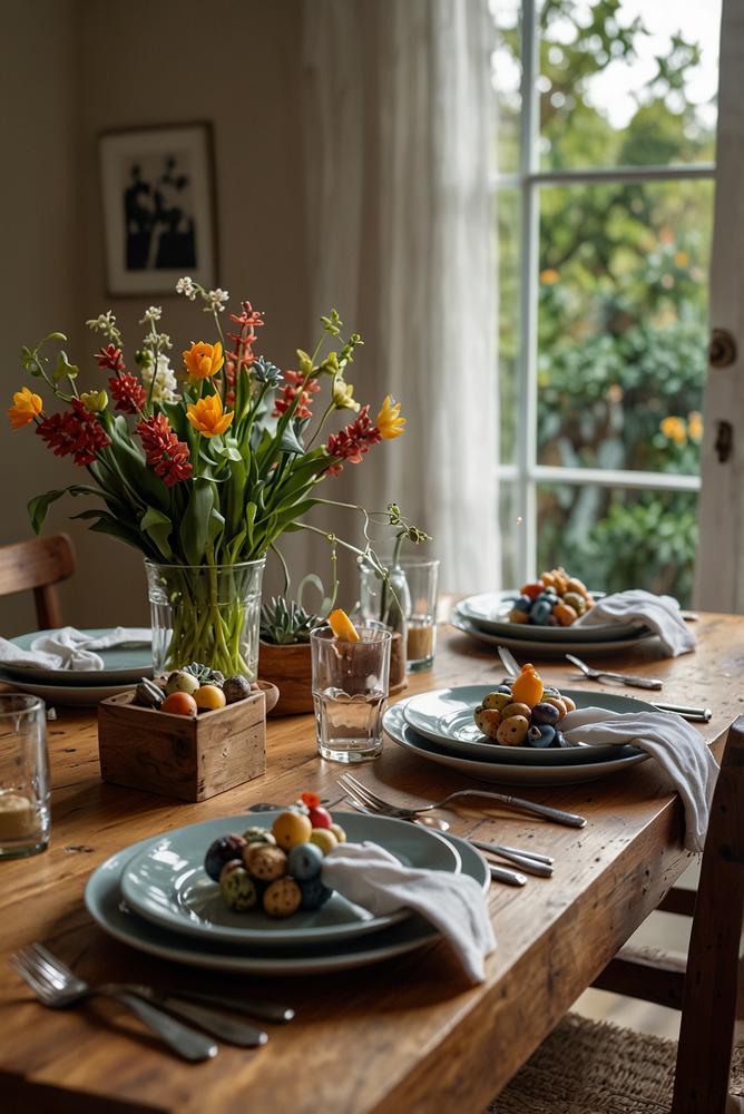 Helle moderne zero-waste Tischdeko mit Pflanzen und Keramik