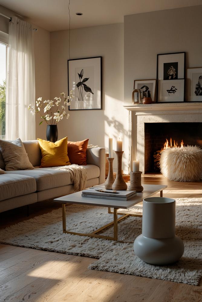 Helles wohnzimmer mit dekorationsgegenstaenden in verschiedenen zimmern