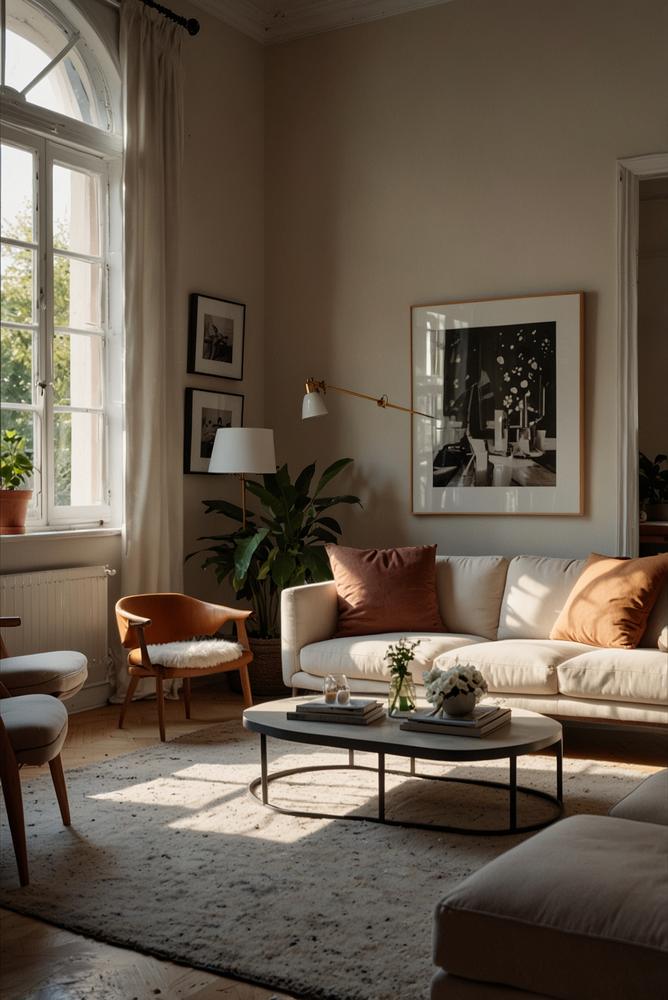 Hell eingerichtetes Wohnzimmer mit neu angeordneten Möbeln