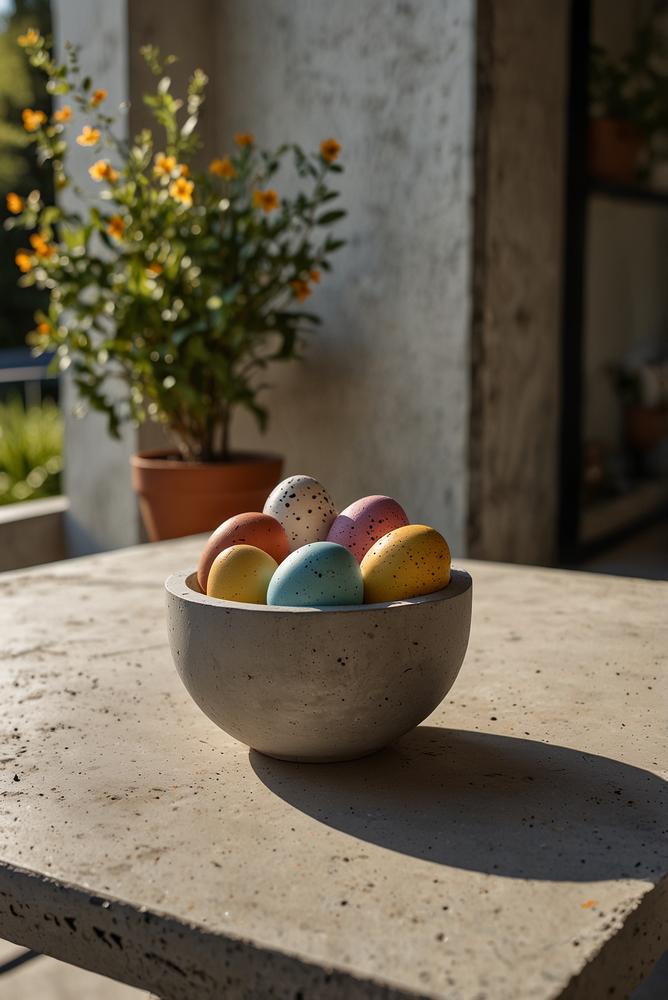 Helle und moderne Beton-Ostereier auf Balkon als Osterdeko