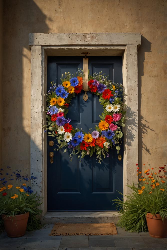Bunter Wildblumen-Frühlingskranz an Haustür, lichtdurchflutet