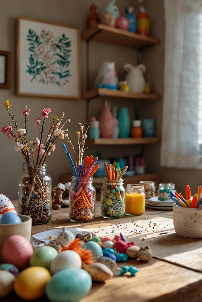 Helle DIY Osterdeko Bastelstation für die Familie