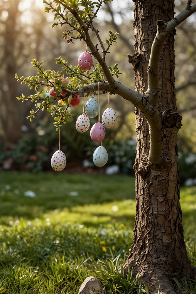 Helle, lichtdurchflutete Osterdeko mit hängenden Eiern am Ast im Garten