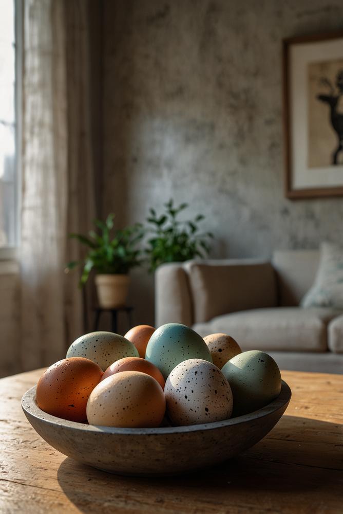 Moderne Beton-Eier als helle Osterdeko im Raum