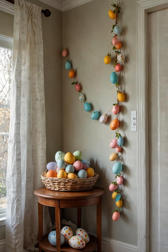 Helle helle wohnzimmer-ecke mit diy oster-girlande aus papier-eiern