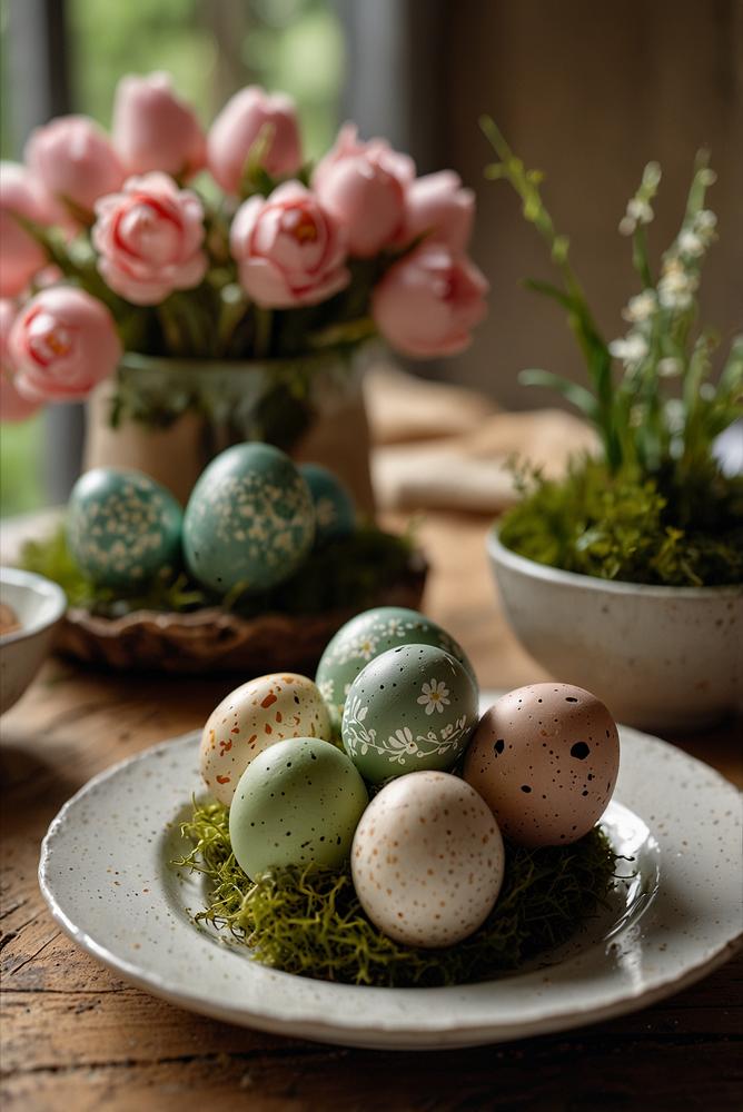 Handbemalte Ostereier als Platzkarten auf natürlichem Osterdeko-Tisch