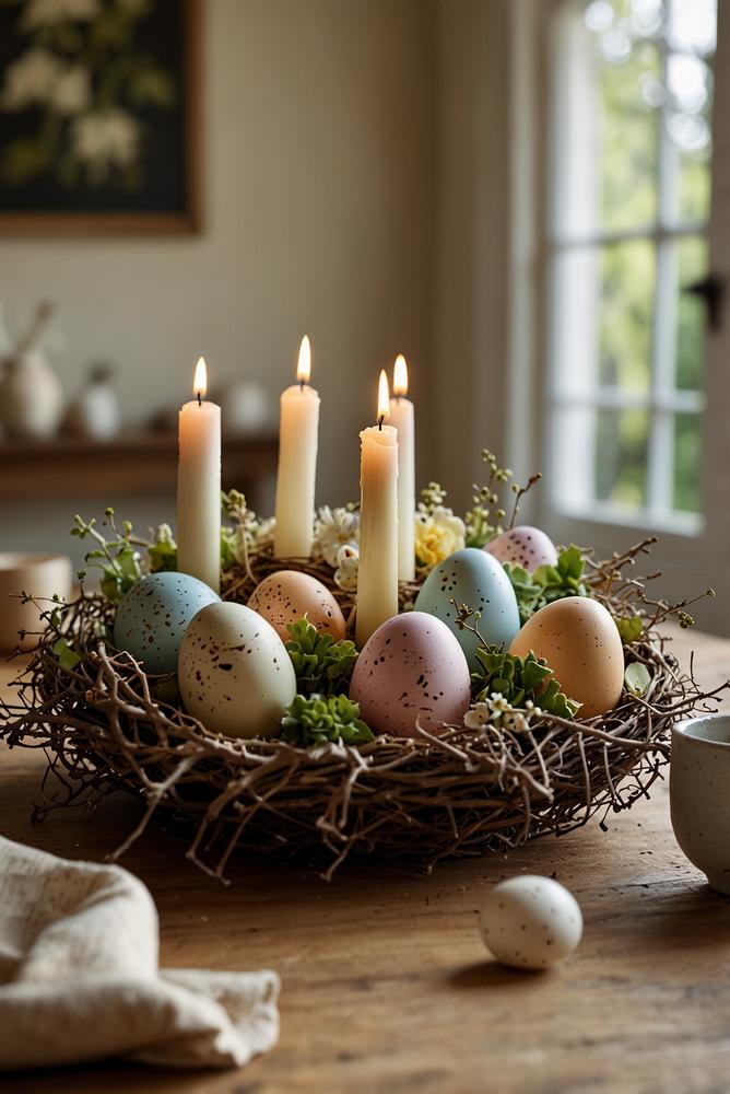 Helles Ostertischgesteck mit Kerzen und Eiern in Pastelltönen