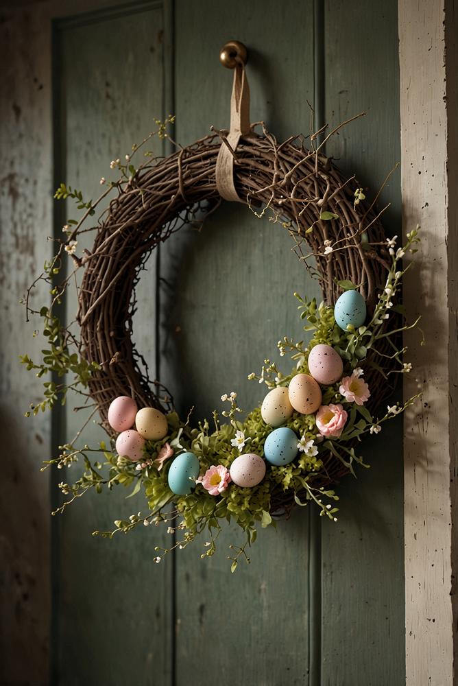 DIY-Tuerkranz aus Zweigen und Ostereiern, hell und einladend