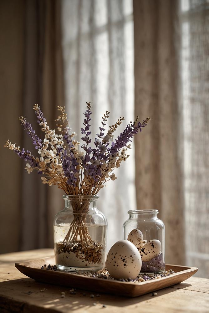Osterdeko mit Trockenblumen in Eierschalen hell und freundlich