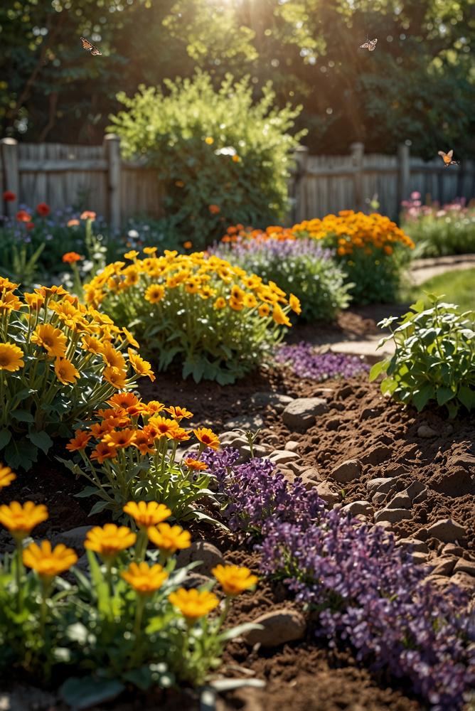 Helles Familien-Blumenbeet mit bunten Blumen und Holzbegrenzung