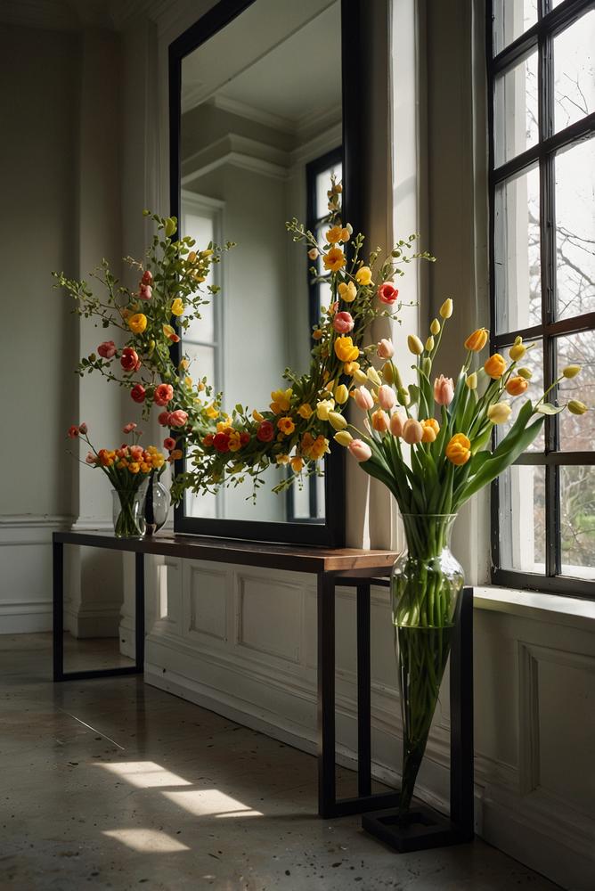 Flurspiegel mit frischem Blumenkranz im Frühling