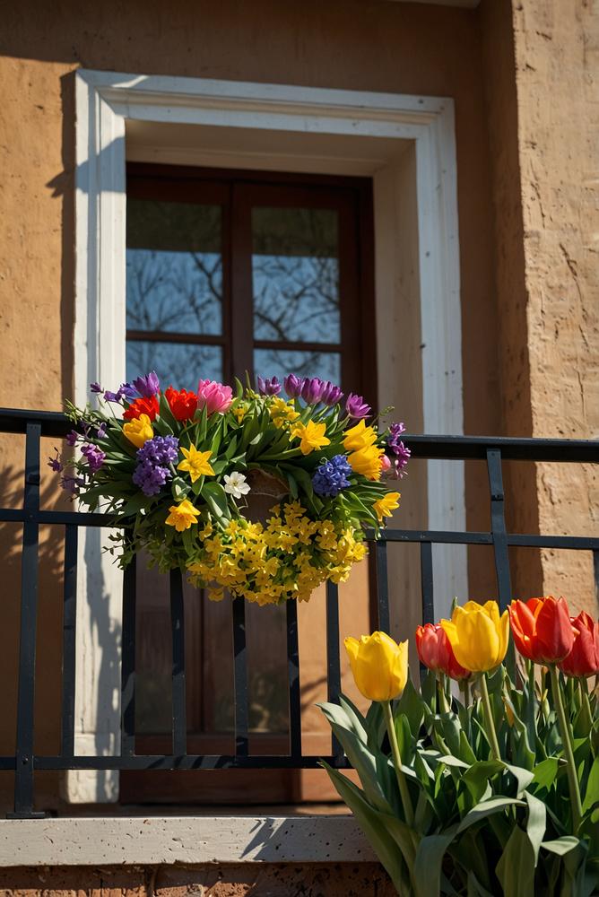 Heller Balkon mit buntem Blumenkranz am Geländer