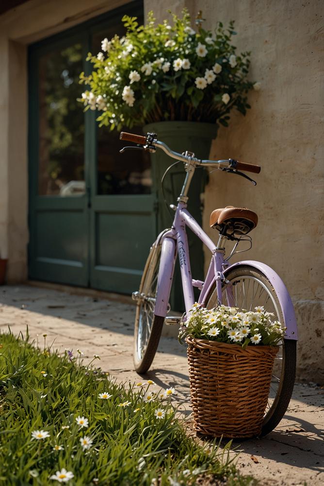 Blumenkranz am Fahrradkorb in hellem Sonnenlicht