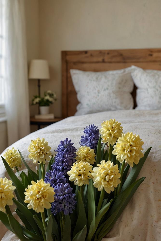 Blumenkranz als Kopfteil-Deko im hellen Schlafzimmer