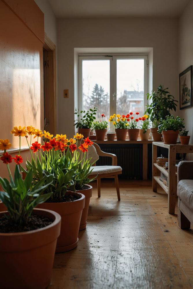 Kinder bemalen helle Blumentoepfe mit Fruehlingsmotiven
