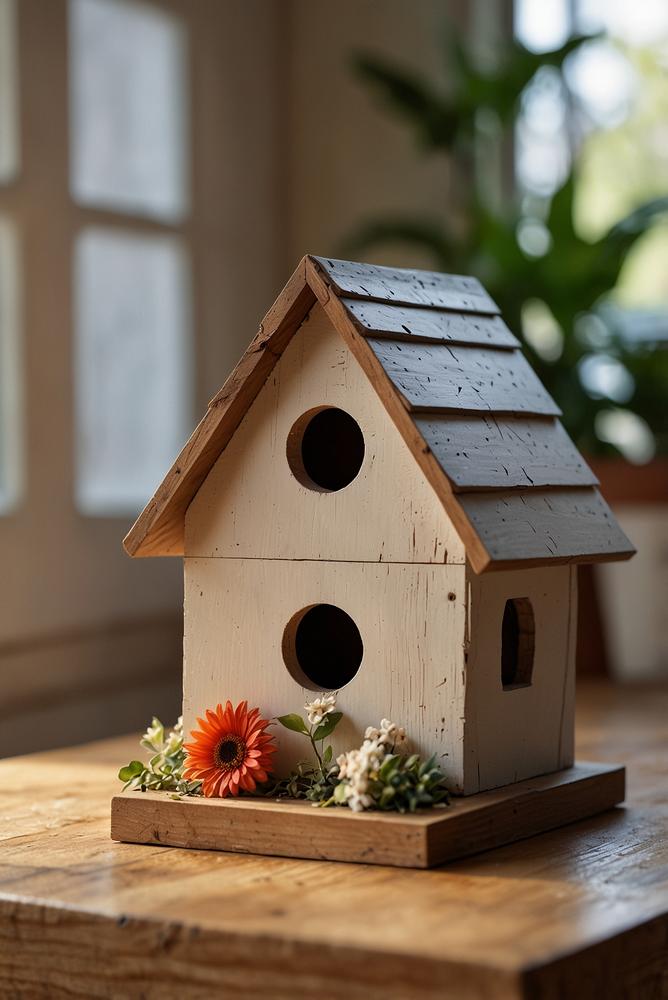 helles, einladendes zimmer mit gebasteltem vogelhaus