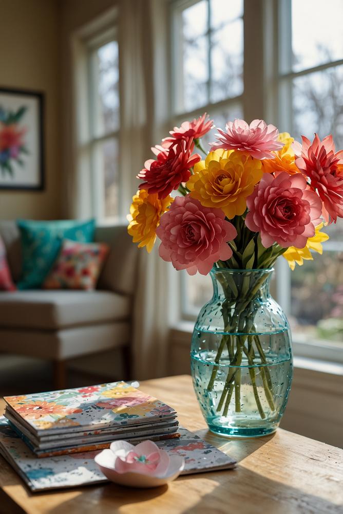 Bunte Papierblumen als Frühlingsdeko in hellem Raum