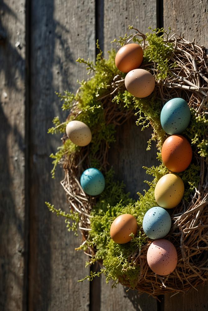 Heller Frühlings-Türkranz aus Zweigen, Moos und bunten Eiern