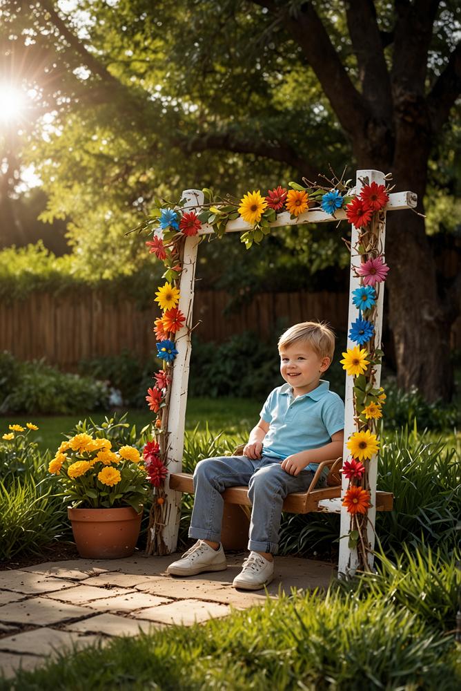 Helle Garten-Fotoecke mit selbstgebautem Rahmen und Frühlingsdeko