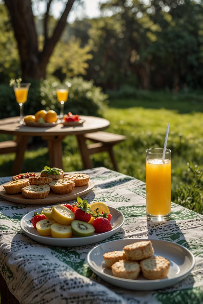 Lichtdurchflutetes Garten-Picknick mit frischen Leckereien