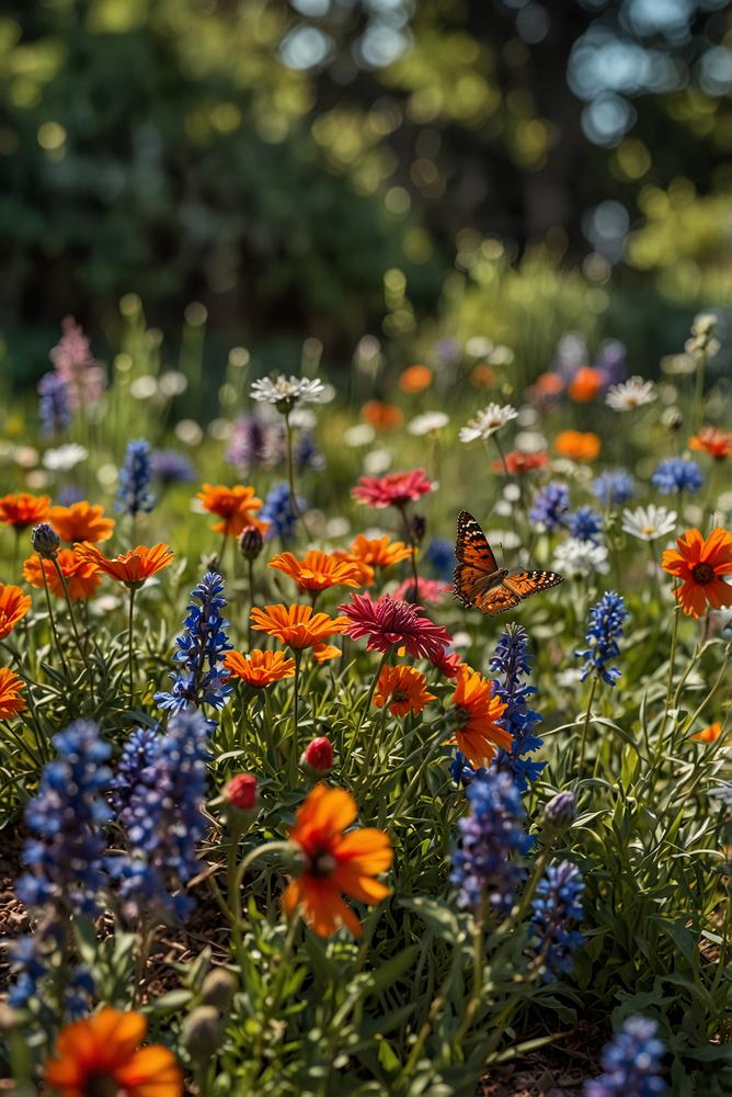 Helle Schmetterlingswiese mit bunten Wildblumen im Garten