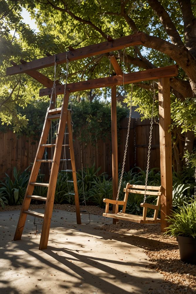 Heller Garten-Spielplatz mit DIY-Schaukel und Kletterpfosten
