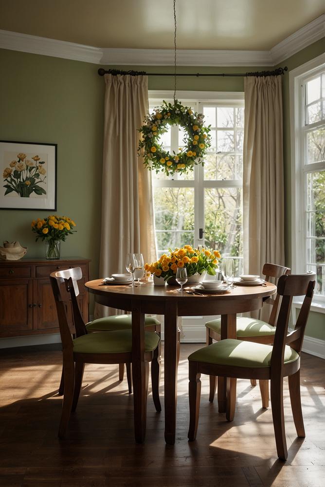 Hängender Blumenkranz über hellem Esstisch im Frühling