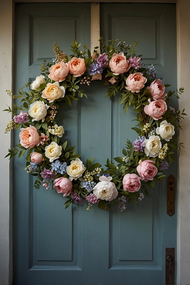 Pastellfarbener Blumenkranz an heller Haustür im Frühling