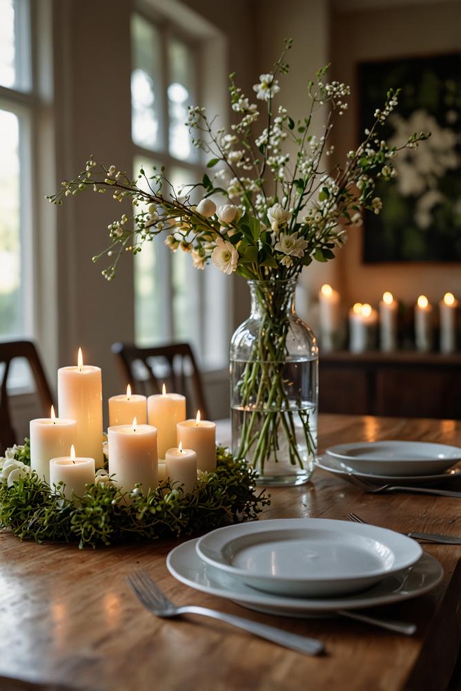 Kerzen-Blumenkranz auf einem hellen Esstisch im Frühling