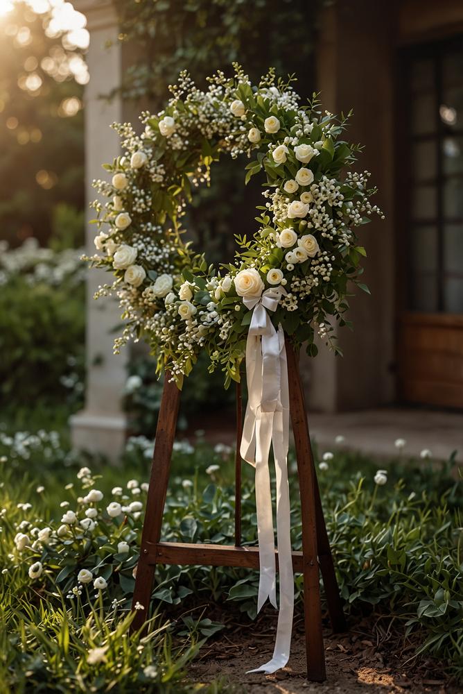 Helle Terrasse mit Lichter-Blumenkranz und Frühlingsblumen