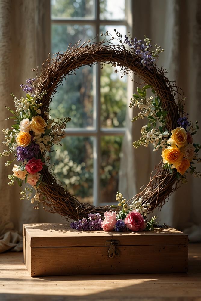 Geschenk mit mini blumenkranz aus fruehlingsblumen