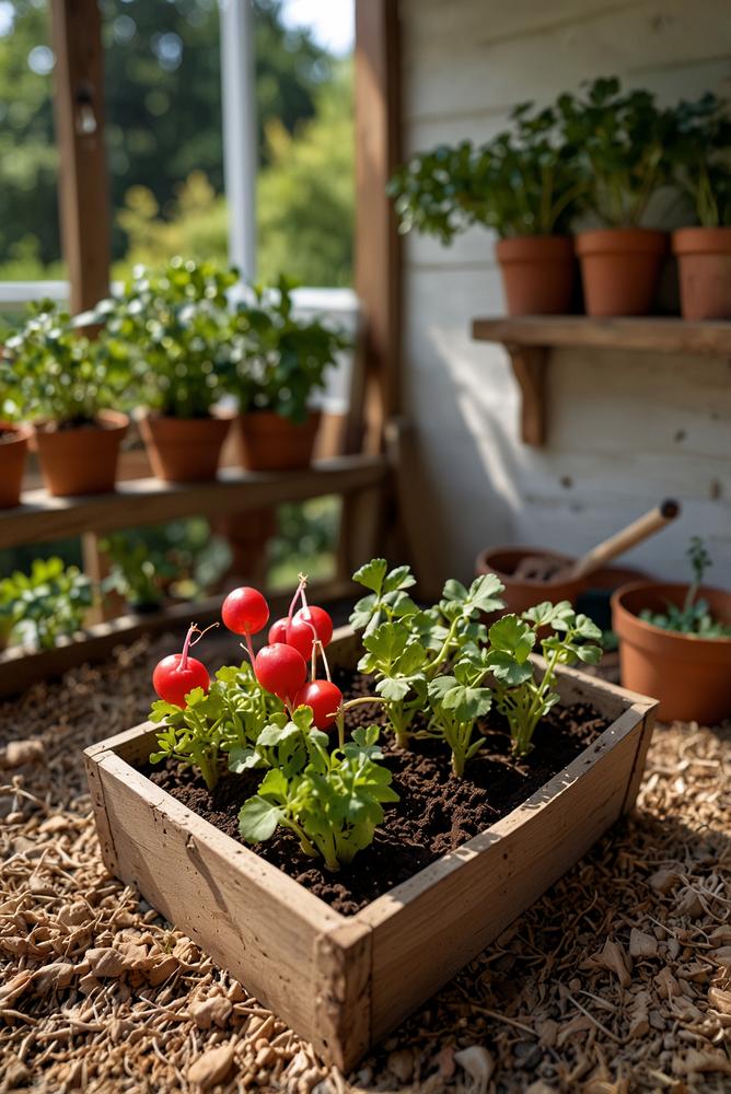 Mini-Gemüsegarten für Kinder im Frühling voller Sonne und Licht