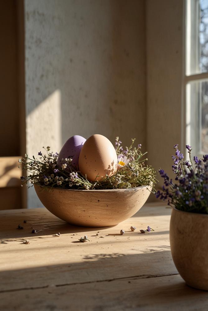 Ostereier mit getrockneten Blumen und Kräutern dekoriert