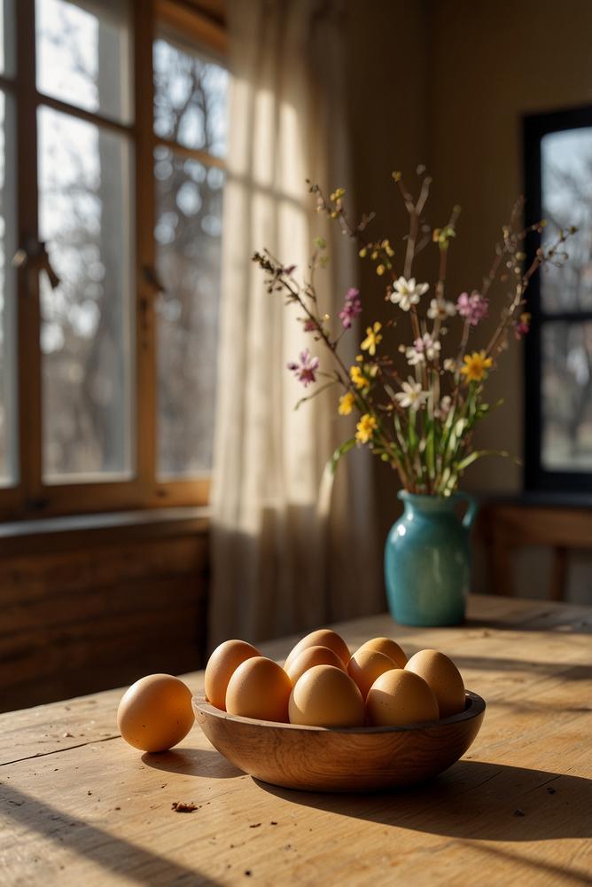 Ostereier mit glänzendem Bienenwachs in hellem Raum