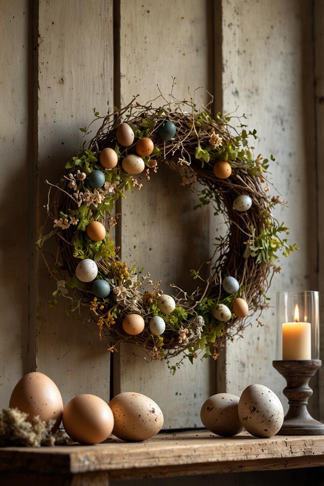Nachhaltiger Naturkranz mit Ostereiern und Moos