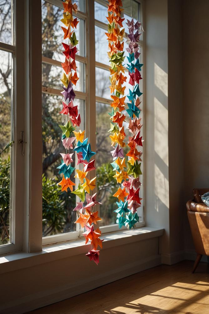 Origami-Girlande aus bunten Papier-Eiern bei Tageslicht