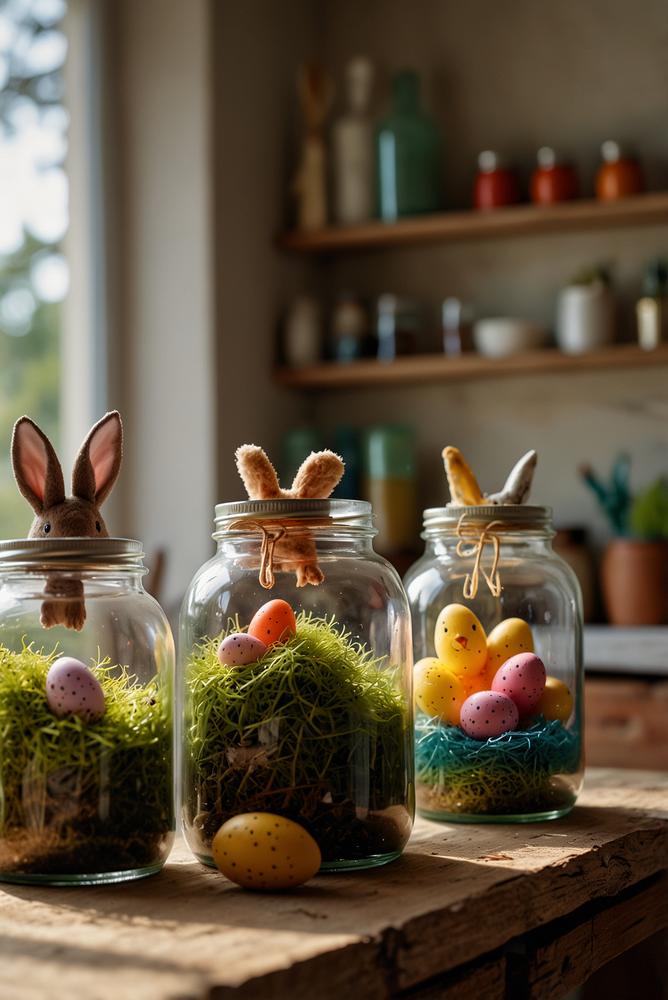 Helle Mini-Osterlandschaften in Einmachgläsern mit Frühlingsdeko