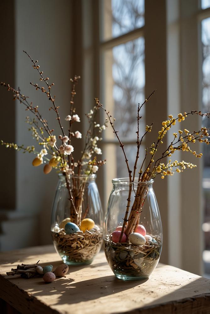 Helle Fensterbank mit Osterzweigen und bunten Mini-Eiern