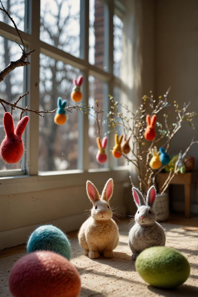 Helle, lichtdurchflutete Osterdeko mit bunten Filz-Hasen