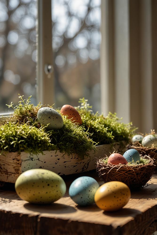 Moosnester als natürliche Osterdeko auf Fensterbank