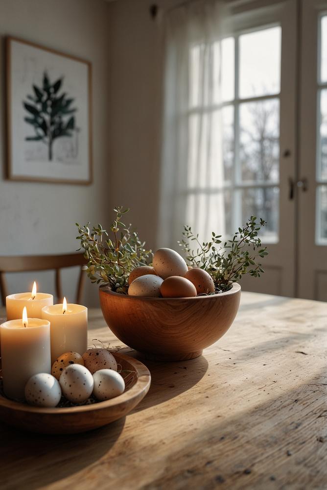 Helle skandinavische Osterdeko mit Holz und Weiß im Raum
